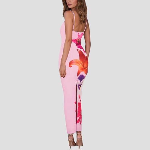 Image of Womens Summer Casual Floral Dresses Spaghetti Strap Bodycon Maxi Beach Dress Elegant Evening Party Long Dresses (US, Alpha, Small, Regular, Regular, Pink Pink)