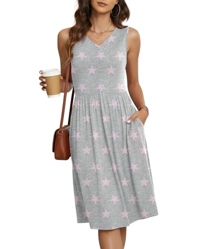 Image of NILOUFO Sleeveless Dress for Women Summer Knee Length Sundress with Pockets | Sundresses for Women Tank Empire Waist Sun Dress Cold Shoulder Casual V Neck Midi Dress Flowy Summer Dresses for Women