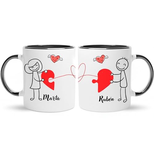 Gifters | Pack Tazas Personalizadas para Parejas con Nombres | Diseño Hilo Rojo del Destino | Interior y Asa Negros | 325 ml | Regalo Original, Romántico San Valentín y Aniversario | Mujer y Hombre