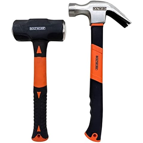 BOLTWORK 2pc Hammer Set Claw Hammer 16oz Sledge Hammer 4lb/1.8kg Drop Forged with Fiber Glass Shaft Rubber Grip Handle Hardened Anti Slip Handle Professional Tradesman Quality Cover