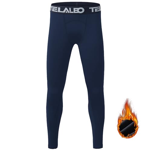 TELALEO Boys\' Girls\' Long Sleeve Compression Shirts Thermal Fleece Lined Kids Athletic Sports Tops Leggings Baselayer Set Blue M