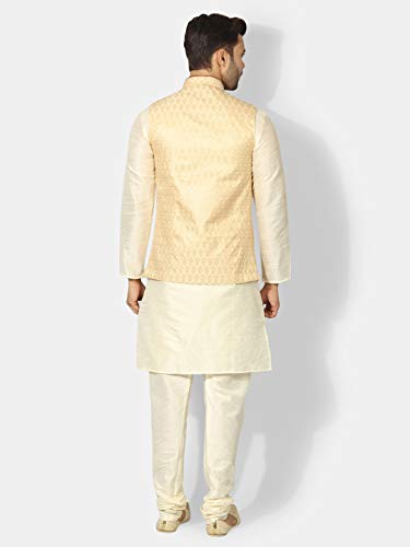 Image of Uri and MacKenzie Silk Men's Cream Kurta Matching Pyjama Chudidar With Golden Ethnic Nehru Jacket (42)