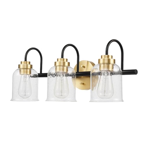 Image of Globe Electric 4-Piece All-in-One Bathroom Set, Matte Black, 3-Light Vanity Light with Seeded Glass Shades and Matte Brass Accents, Towel Bar, Toilet Paper Holder, Towel Ring