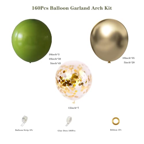 Olive Green Gold Balloon Garland Arch Kit, 160pcs Olive Green Gold Confetti Balloons for Birthday Wedding Bridal Shower Baby Shower Bachelorette Party Decorations — view 2