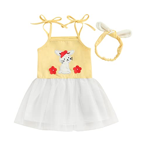 Toddler Baby Girl Easter Outfit Sleeveless Bunny Print Strap Tulle Tutu Dress Headband 2Pcs Clothes Set (9-12 Months,Yellow)