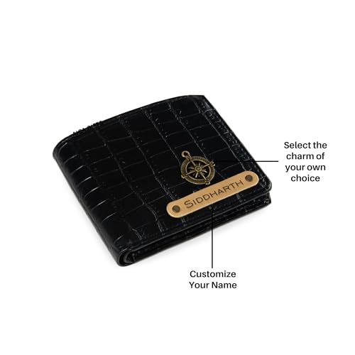 Image of AICA Personalised Name & Charm Leather Mens Wallets (Black) |Purse for Men Wallet | Gift for Man| Customized Wallets for Men |Rakhi Set Raksha bandhan Gift for Brother | Rakhi Gift Hamper for Brother