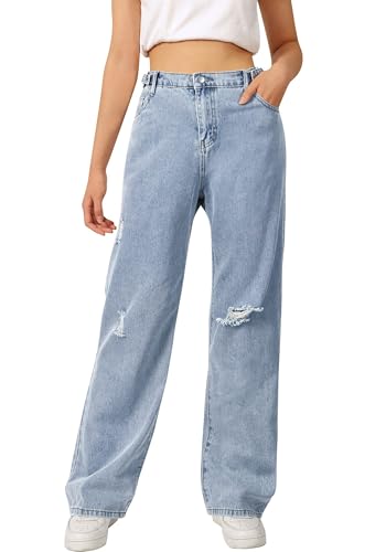 SANGTREE Girls Wide Leg Jeans Elastic Waist Denim Pants Baggy Jeans for Girls,Blue-Ripped，13-14 Years = Tag 1703