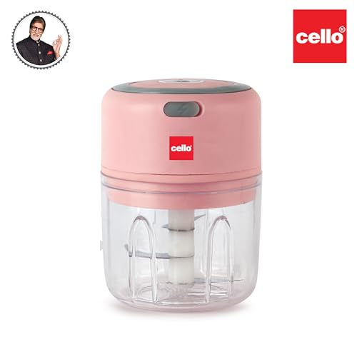 Image of Cello Reva Multi Functional Electric Chopper | Stainless Steel Blades & Unbreakable Bowl | One Touch Operation | Rechargeable and Portable | Perfect For Quick Chopping, Mincing & Processing | Pink