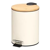 TIENDA EURASIA – Papelera Baño | Metal + Tapa de Bambú | Capacidad 3L | Medidas 17x21x23.5 cm y Cubo Interior 16.8x16.8x18.2 | con Pedal (Beige)