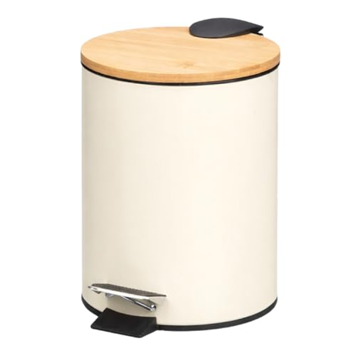 TIENDA EURASIA – Papelera Baño | Metal + Tapa de Bambú | Capacidad 3L | Medidas 17x21x23.5 cm y Cubo Interior 16.8x16.8x18.2 | con Pedal (Beige)