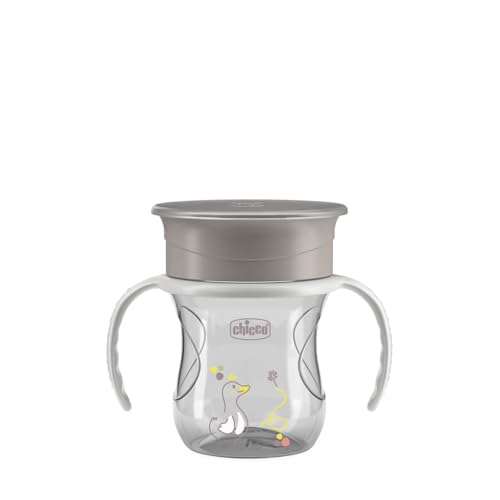 Chicco Vaso Infantil Perfect, Vaso Antiderrame para niños 200 ml, 1 Biberón 12+ Meses para Aprender a Beber, con Membrana de Silicona 360° y Asas Extraíbles, 0% BPA, Gris