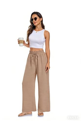 Arolina Plus Size Pants for Women Drawstring Waist Wide Leg Palazzo Beach Pants with Pockets (Regular,Petite) Khaki — view 2