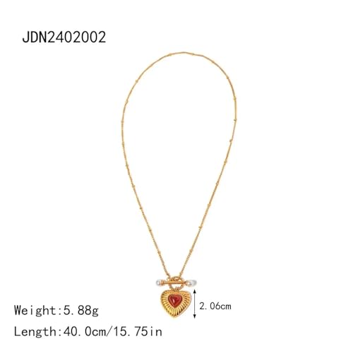 Bijoux cœur agate rouge en acier : parure collier, bague et boucles