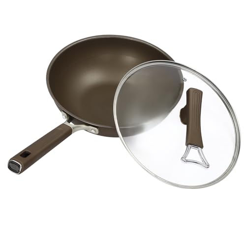 MooBeey Padella in acciaio inox e titanio con coperchio in vetro, diametro 32 cm, bordo alto, antiaderente con manico sicuro, padella wok per cucina