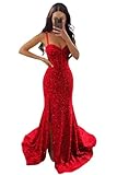 THBOEER Corset Mermaid Prom Dresses 2023 for Women with Split Sequin Formal Dress 2022 Bodycon Prom Gown Long Homecoming Dresses for Teens Red US 8
