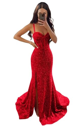 Mermaid Prom Dresses for Women with Slit Sparkly Sequin Red Homecoming Dress for Teens Spaghetti...