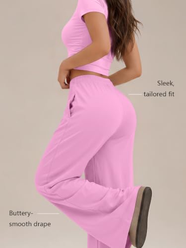 Image of Trendy Queen 2 Piece Matching Summer Lounge Set Womens Side Ruching Top Wide Leg Pants Sets with Pockets