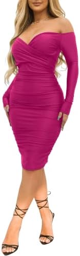 Ekaliy Women's Sexy Black Off The Shoulder Midi Dress Long Sleeve Ruched Bodycon Dresses