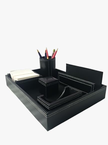 Image of LUVYANSH Genuine Leather Multipurpose Desk Organizer 6-in-1 Desktop Pen Stand With Business Card Holder Mobile Holder & Remote Stand for Office Desk Table Storage Organizer Box(BLACK) Colour