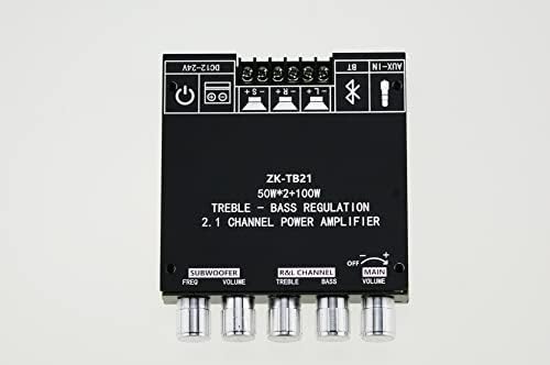 FamilyMall Bluetooth Subwoofer Amplifier Board Hifi Stereo 2.1 with Treble and Bass Control Regulation 2X50W+100W DC 12V-24V Audio Power Amplifier Module AUX Input for Store Home Theater Speakers