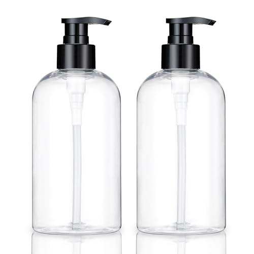 Empty Plastic Pump Bottles Dispenser 2 Pack Clear Refillable Pump Bottle for Shampoo, Liquid Soap, Massage Oil