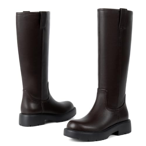 Image of VIUGJNEX Knee High Boots Women Low Heel Flat Chunky Fall Tall Riding Boots