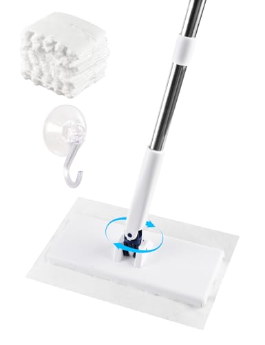 フロアワイパー 本体 自動クリップ式 フロアモップ 拭き掃除 乾湿両用 フローリングワイパー 70-120cm 長さ調整 雑巾モップ 壁掛け 360°回転 ベランダ/玄関/床/窓/天井用 掃除道具 ホコリ吸着ドライシート10枚入 フック1個付き