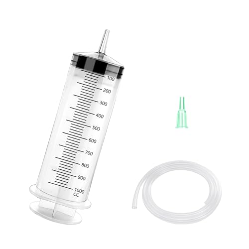 Chingcoo Plastique Seringue, 1000 ML Grande Seringue avec Tuyau, Seringue à Huile, Pompe Manuelle pour Changement d'huile, Liquide de Frein, Liquide de...