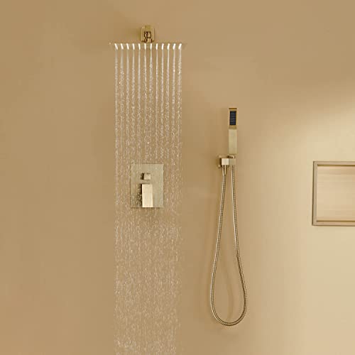 Image of Rain Shower System 12 Inches Shower Combo Set Brushed Gold Wall Mount Faucet Bathroom Faucets with Rainfall Shower Head and Hand Shower