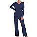 U2SKIIN Damen Schlafanzug Lang Pyjama Set, weich Kuschelig Nachtwäsche Zweiteiler Langarm Schlafanzüge mit Taschen V-Ausschnitt Hausanzug (Dunkelblau, L)