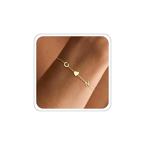 Gold Initial Bracelets for Women - Initial Bracelet Teen Gifts Trendy Stuff Stocking Stuffers for Teens Mom Christmas Gifts for Grandma Wife Best Friend Birthday Gift for Women with 2 Initials Back to School Stuff Heart Adjustable Link Bracelet Anniversary Jewelry for Girlfriend Wife Sister