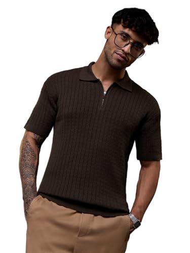 Image of The Souled Store Jacquard Polo: Midnight Wave Men and Boys Short Sleeve Spread Collar Navy Blue Solid Cotton Casual Everyday Officewear Regular Fit Polos