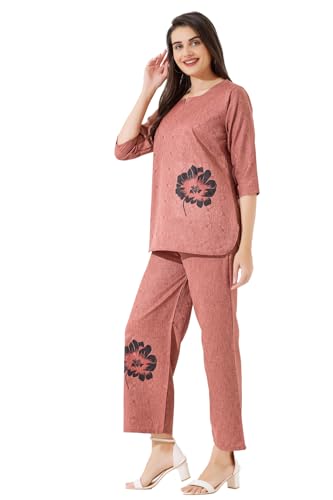 Image of Linen Printed Night Wear Top and Bottom Night Suit Set | Summer Outfit | Co-ord Set for Women | Shirt & Pajama | Night Suit Dress for Women