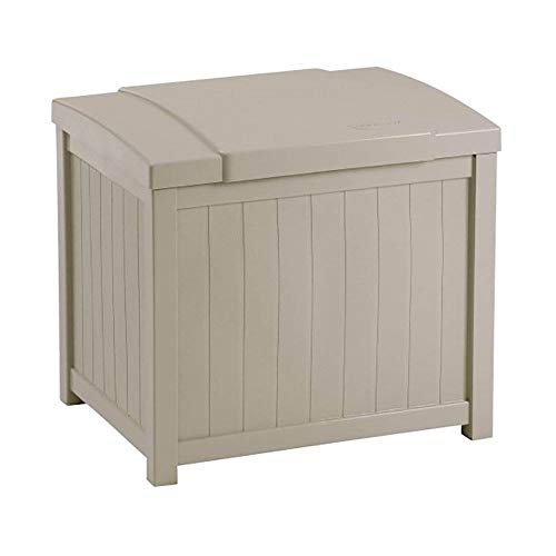 Suncast 22-Gallon Small Deck Box - Lightweight Resin Indoor/Outdoor Storage Container and Seat for Patio Cushions and Gardening Tools - Store Items on Patio, Garage, Yard - Taupe