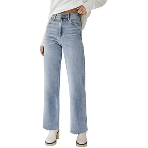 KDF Straight Leg Jeans for Women High Waisted Jeans Frayed Baggy Pants Raw Hem Loose Stretchy Cropped Wide Leg Jeans Light Blue Size 12 Cover