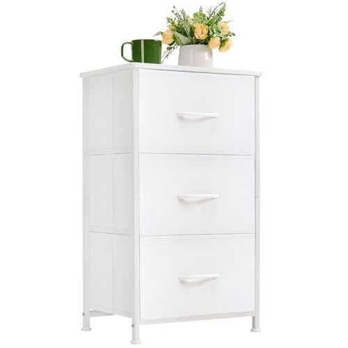 Image of Somdot Small Dresser for Bedroom with 3 Drawers, Nightstand Storage Chest of Drawers with Removable Fabric Bins for Closet Bedside Living Room Laundry Entryway Hallway, White Leather