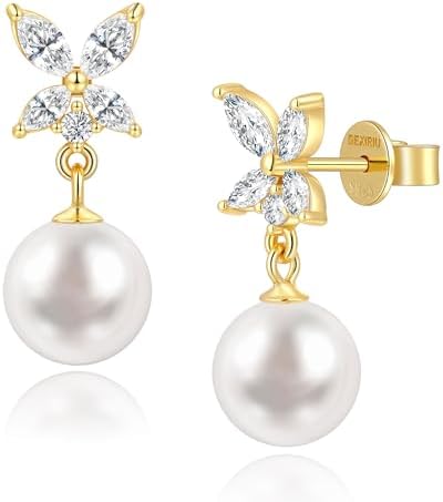 Cultured Freshwater Pearl Dangling Earrings for Women Jewelry, Drop Hoop Dangle Earrings 925 Sterling Silver Plated with Gold, Gift for Wife, Birthday, Mothers Day, Christmas, Anniversary