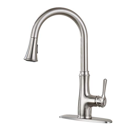 Kitchen Faucet Pull Down Sprayer - WEWE A1008L Stainless Steel Brushed Nickel Pull Out Kitchen Sink Faucet Single Handle 1 or 3 Hole with Deck Plate