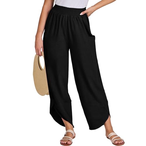 fanmpghleoo Harem Pants Women Cropped Wide Leg Linen Pants Summer Smocked Elastic Waist Yoga Pull On Capris with Pockets2