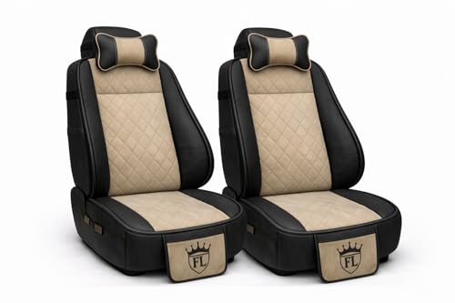 Image of Ultra Comfort Luxury PU Leather Pack of 2 Beige Seat Cover Cushion for All Cars,SUV,Office Chair,Home Chair with Neck Rest Pillow-Easy Fit,Pocket Flap(Universal Fit,2 Pack)