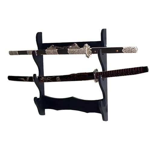 Wooden Sword Wall Mount Holder, 3 Tier Samurai Sword Display - Katana, Wakizashi, Sword Flute Fishing Rod Storage (3-Tier)