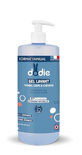 DODIE Gel Lavant 3 en 1 (1L), Nettoyant Visage, Corps et Cheveux, 97% d’ingrédients d’origine naturelle, Hypoallergénique, dès la naissance
