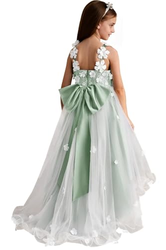 Tulle Flower Girl Dresses for Wedding 3D Lace Bridesmaid First Communion Dress Princess Pageant Party Gown with Bow