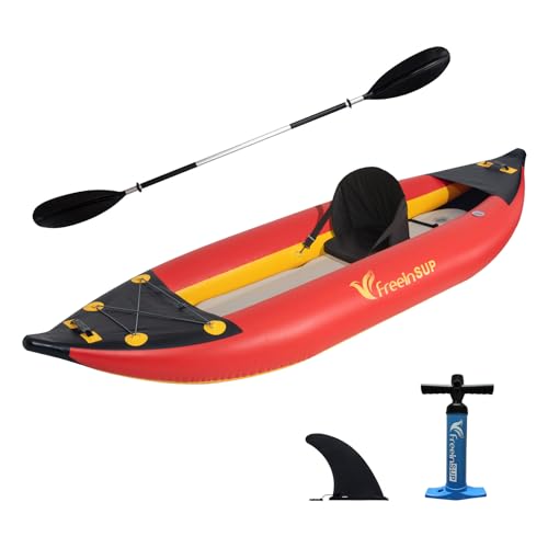 Freein 1-2 Person Professional Series Inflatable Kayak Set with Paddle, Seat, Fin, High-Output Air Pump, Carry Bag, 10'6