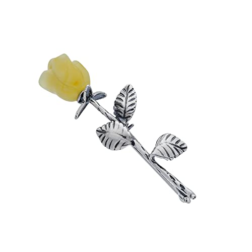 Image of Women's Brooch, Oxidised Sterling Silver, Hand Carved Amber Rose, Small Silver Brooch with Milky Amber Rose, 3 g