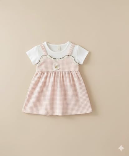 Image of A.T.U.N. (ALL THINGS UBER NICE) Baby Girls Checked Pinafore Style Dress with Inner Tee Short Sleeves | Soft Cotton Fabric | Decorative Front Bow Detail | Stylish Casual for Babies