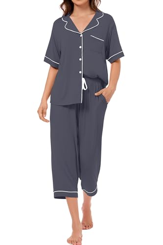 Image of LUBOT Womens Bamboo Viscose Pajamas for Women PJ Set 2 Piece Cooling Soft Short Sleeve Capri Pants Summer Sleepwear Set S-XXL