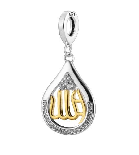 ALLAH Teardrop Islamic Calligraphy Muslim Eid Ramadan Charm Pendant - 14K Gold Plated on 925 Sterling Silver For Pandora & Similar Charms Bracelets or Necklaces
