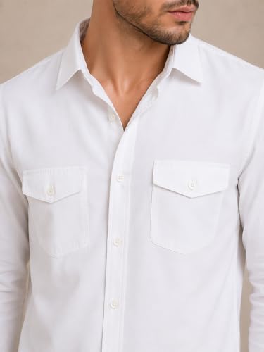 Image of Veirdo Men's Pure Cotton Utility Shirt | Full Sleeve Casual Button-Down with Dual Chest Pockets | Stylish & Comfortable Everyday Wear | Colors: Beige, Black, Maroon, Olive, Rust & White