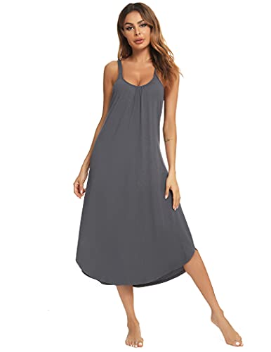 Roojaa Womens Sleeveless Long Nightgown Wide Strap Chemise Summer Loose Sleepshirt Dark Grey #TOP3